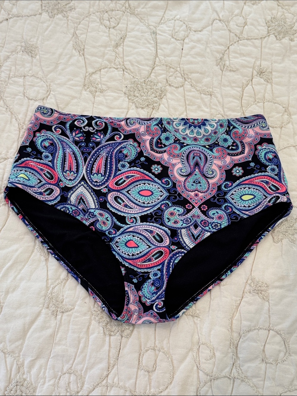 Paisley High-Waist Swim Bikini Bottom large to xlarge IMO- Black/Pink/Blue